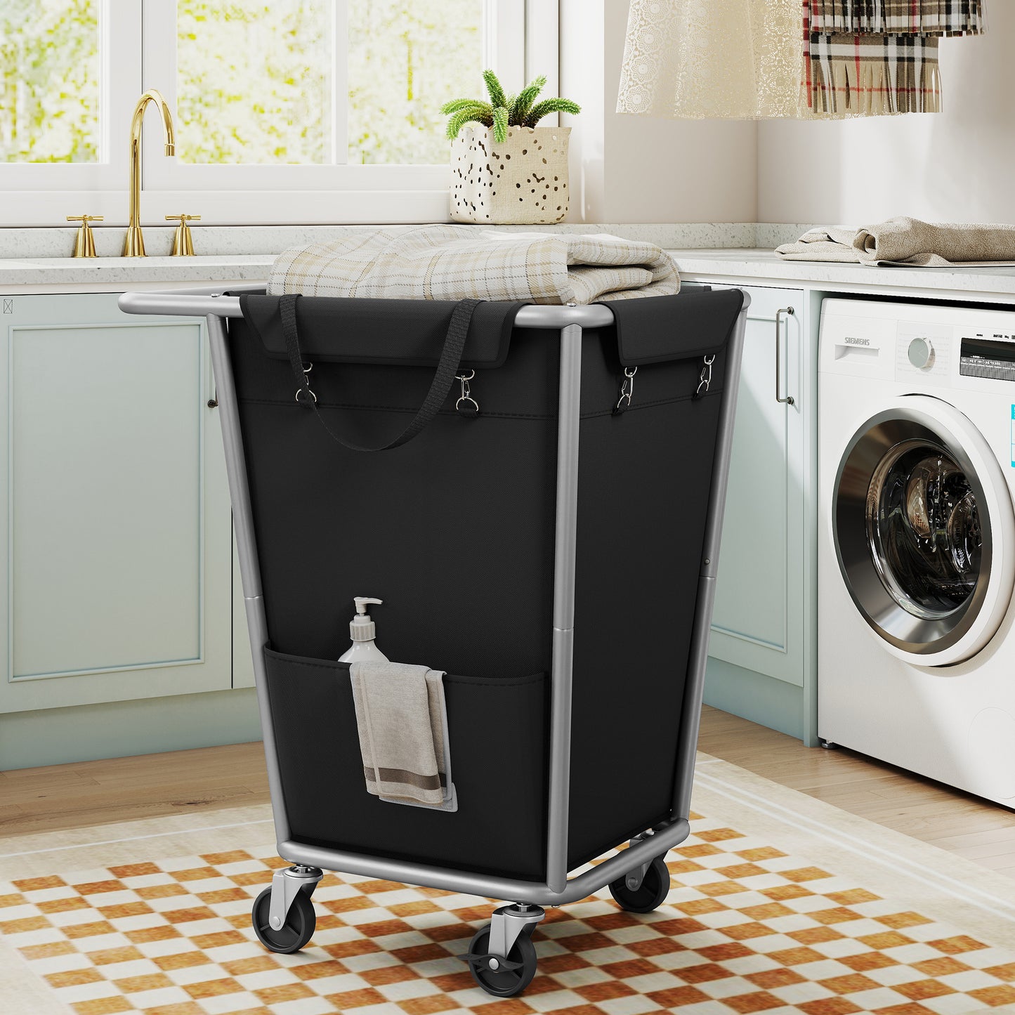 Rolling Laundry Basket with Wheels, 34.3 Gal Laundry Hamper with Removable Bag, Heavy-Duty Steel Frame, for Home, Ink Black