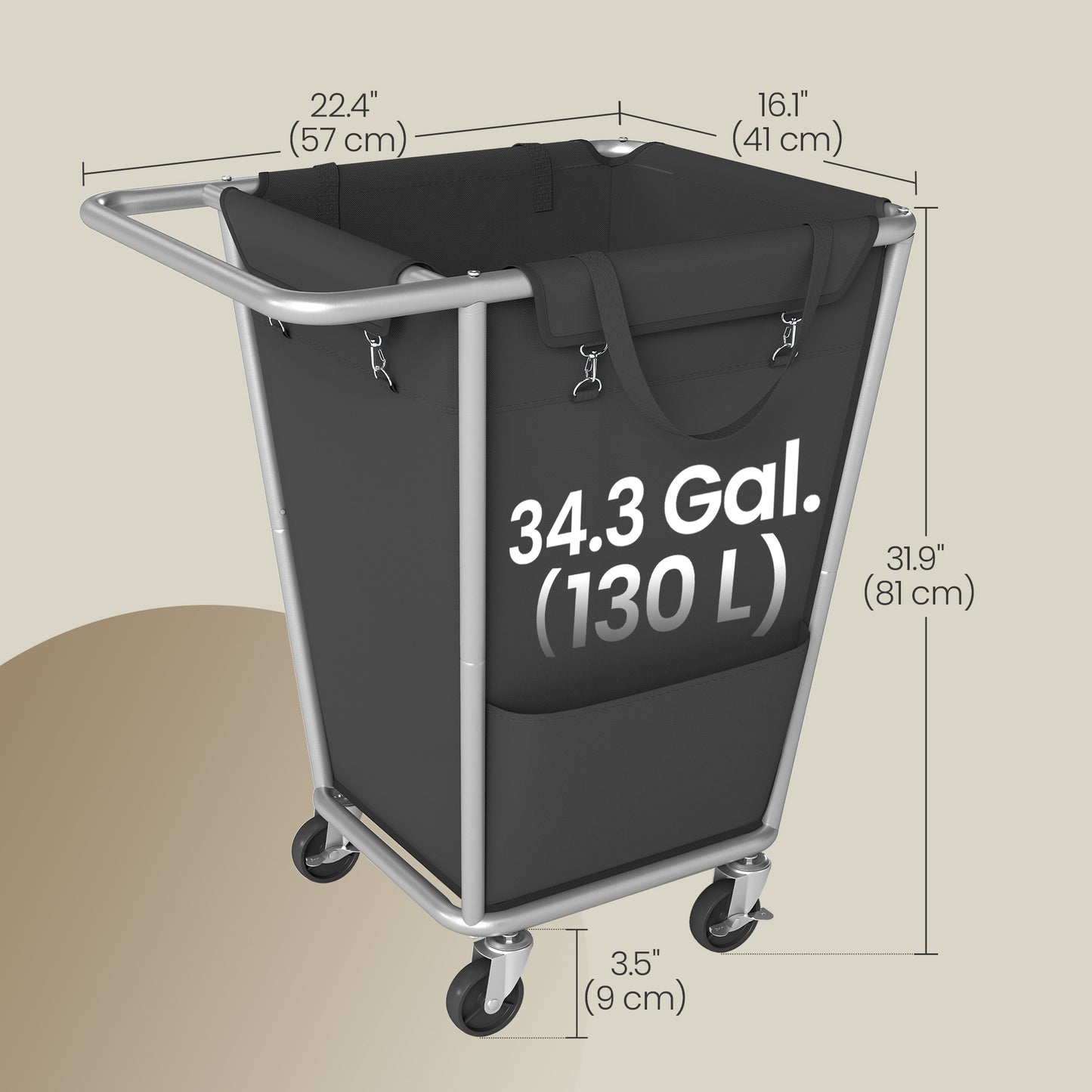 Rolling Laundry Basket with Wheels, 34.3 Gal Laundry Hamper with Removable Bag, Heavy-Duty Steel Frame, for Home, Ink Black