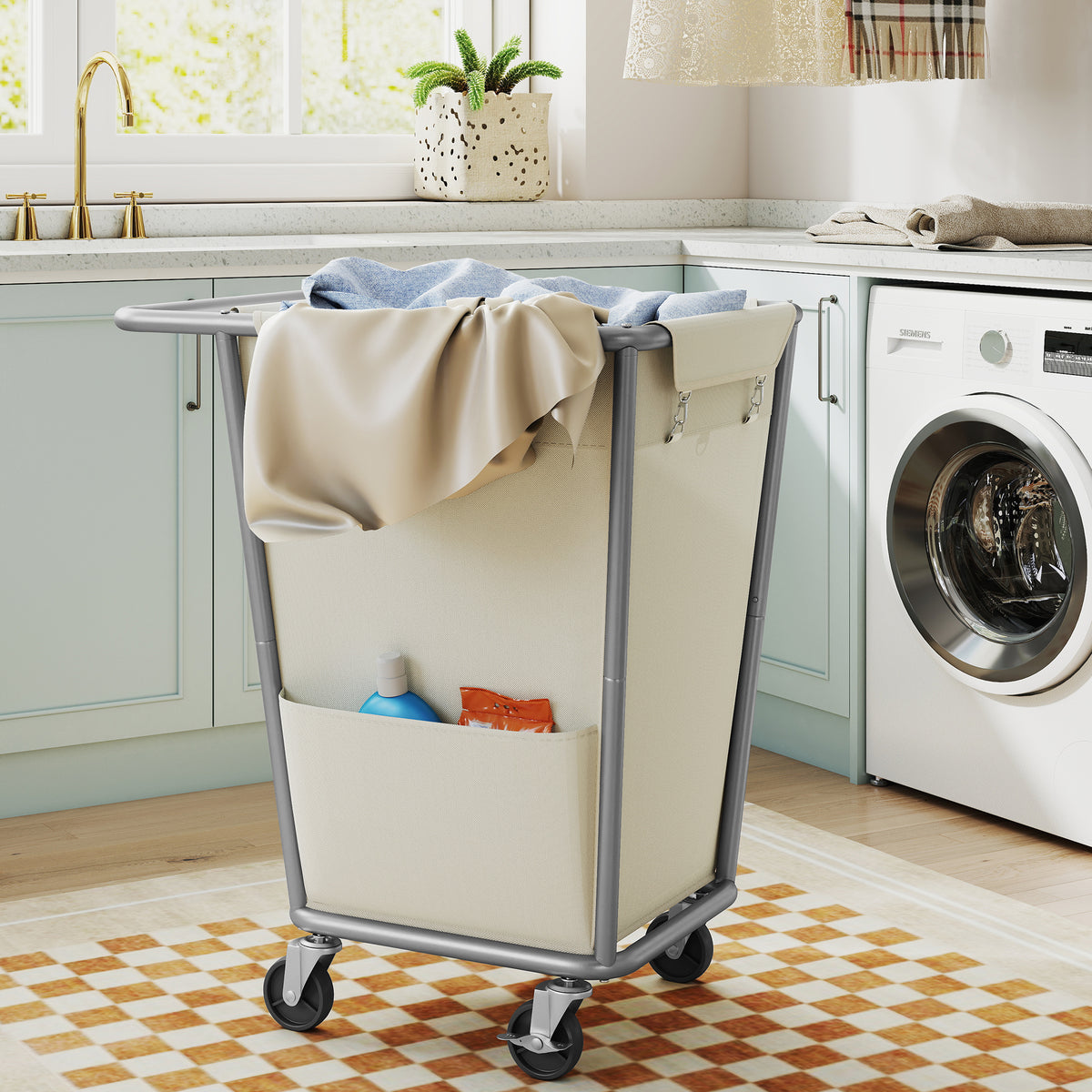 LEDREM 34.3 Gallons (130 L) Laundry Sorter & Hamper with Wheels, 22.4 x 16.1 x 31.9 Inches, White and Grey