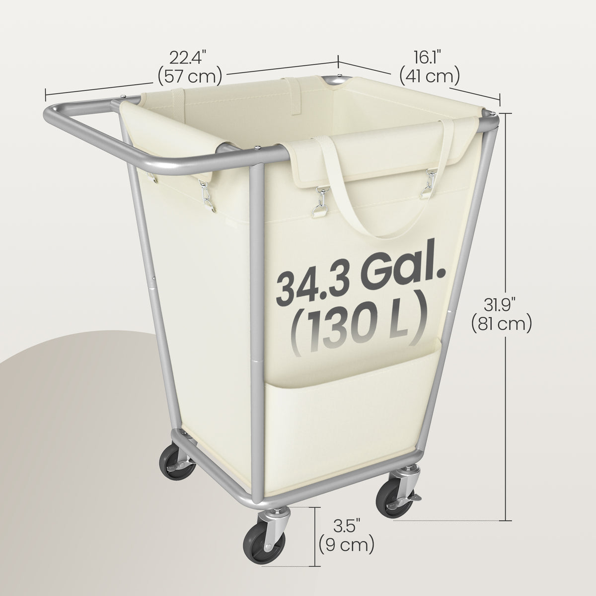 LEDREM 34.3 Gallons (130 L) Laundry Sorter & Hamper with Wheels, 22.4 x 16.1 x 31.9 Inches, White and Grey