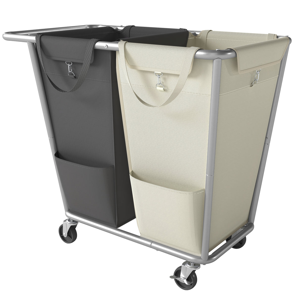 LEDREM 2-Section Rolling Laundry Sorter with Removable Bags, 190L, 30.5 x 16.1 x 31.9 inches, Cream White and Gray