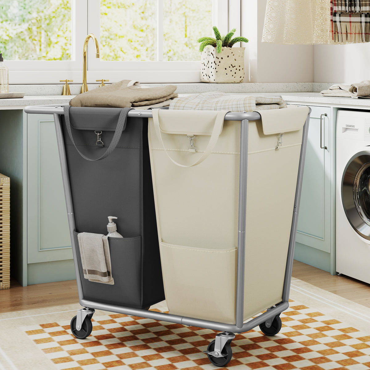 LEDREM 2-Section Rolling Laundry Sorter with Removable Bags, 190L, 30.5 x 16.1 x 31.9 inches, Cream White and Gray