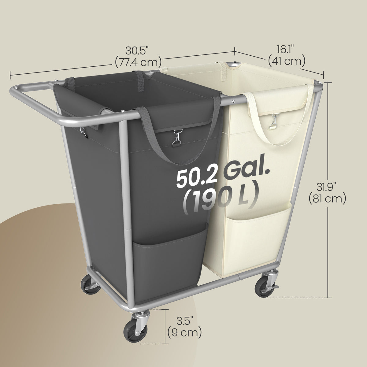 LEDREM 2-Section Rolling Laundry Sorter with Removable Bags, 190L, 30.5 x 16.1 x 31.9 inches, Cream White and Gray