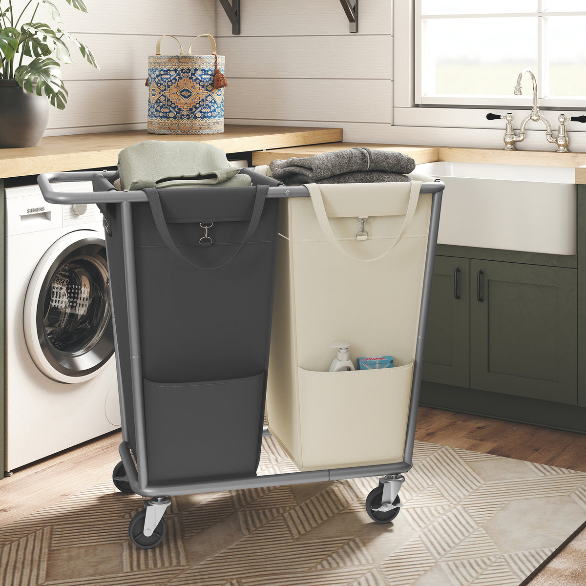 LEDREM 2-Section Rolling Laundry Sorter with Removable Bags, 190L, 30.5 x 16.1 x 31.9 inches, Cream White and Gray