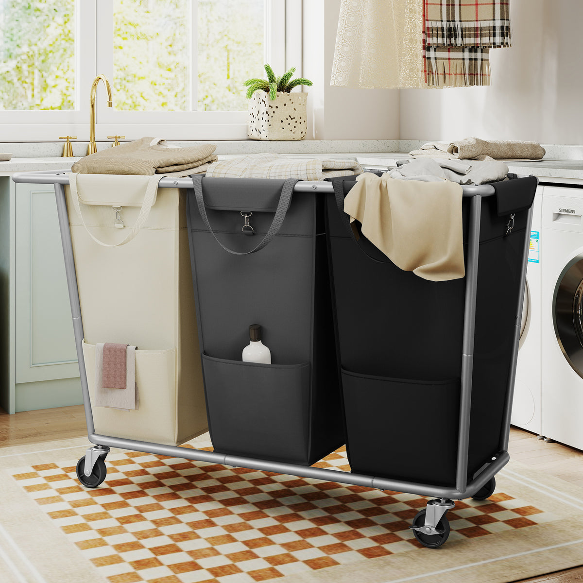 LEDREM 3-Section Rolling Laundry Sorter with Removable Bags,76.6 Gallons (290 L), 43.3 x 16.1 x 31.9 inches, Gray and Black