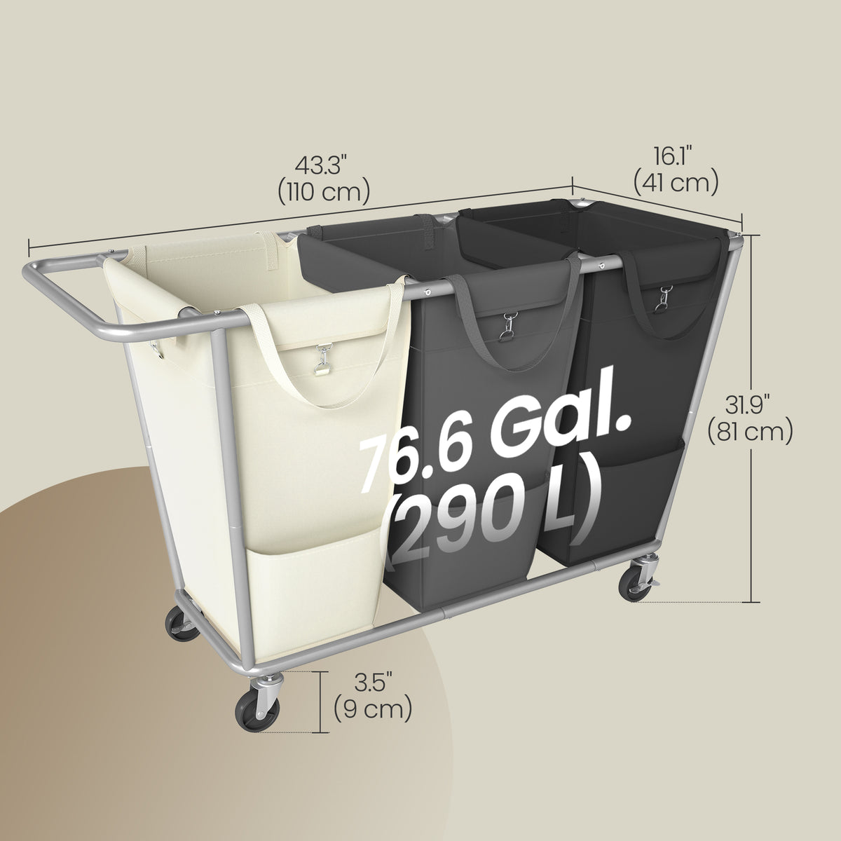 LEDREM 3-Section Rolling Laundry Sorter with Removable Bags,76.6 Gallons (290 L), 43.3 x 16.1 x 31.9 inches, Gray and Black