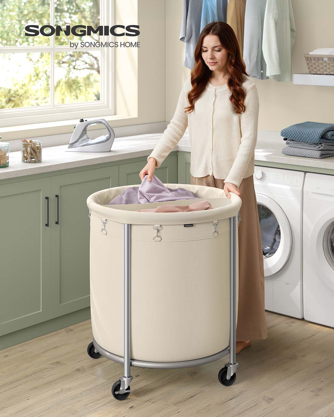 LEDREM Rolling Laundry Basket with Wheels, Laundry Hamper, 4 Casters and 2 Brakes, Cream White