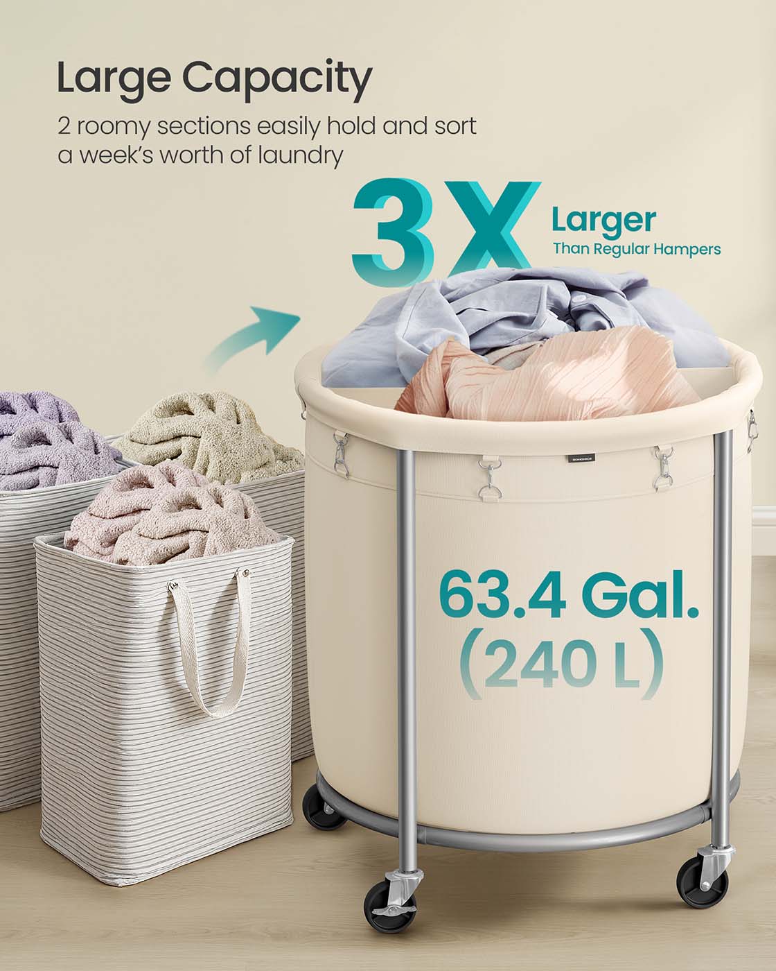 LEDREM Rolling Laundry Basket with Wheels, Laundry Hamper, 4 Casters and 2 Brakes, Cream White