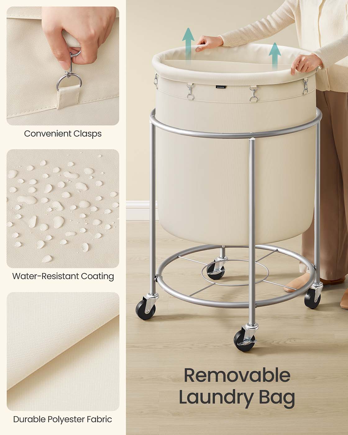 LEDREM Rolling Laundry Basket with Wheels, Laundry Hamper, 4 Casters and 2 Brakes, Cream White