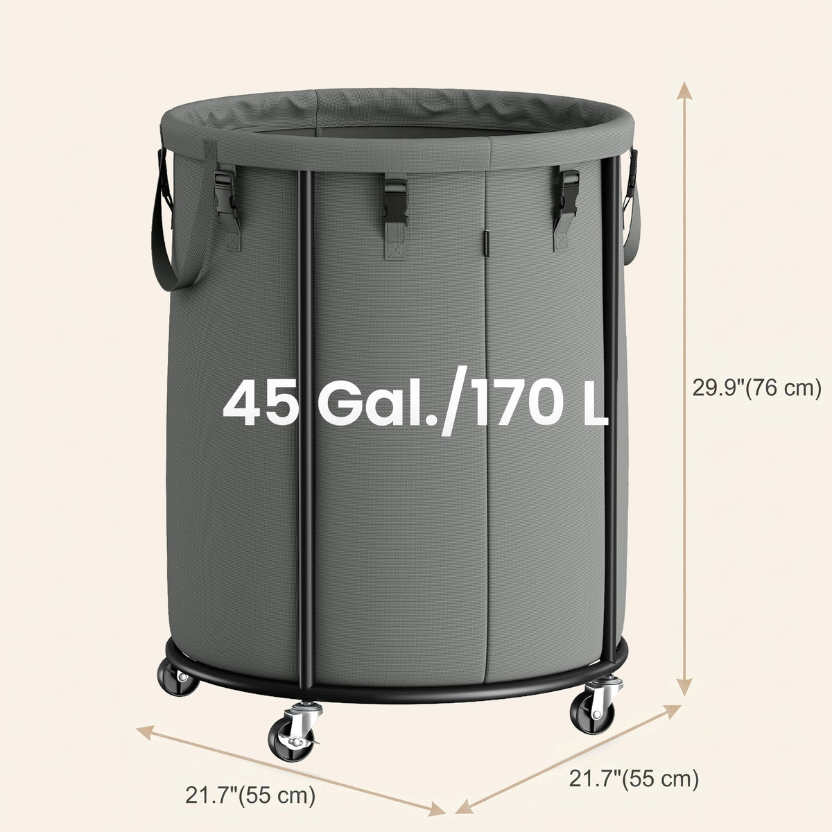 Large Clothes Hamper, Rolling Laundry Cart with Wheels, 45 Gal., 21.7 x 21.7 x 29.9 inches, Grey