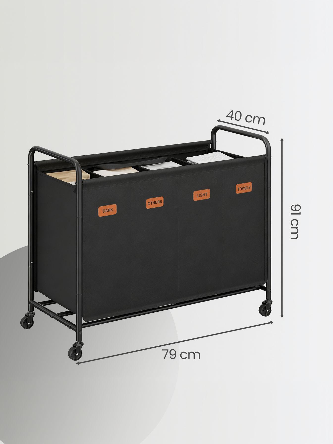 4-Section Laundry Sorter with Wheels, 52.8 Gallon Rolling Hamper with Removable Bags for Laundry Room and Bedroom, Ink Black