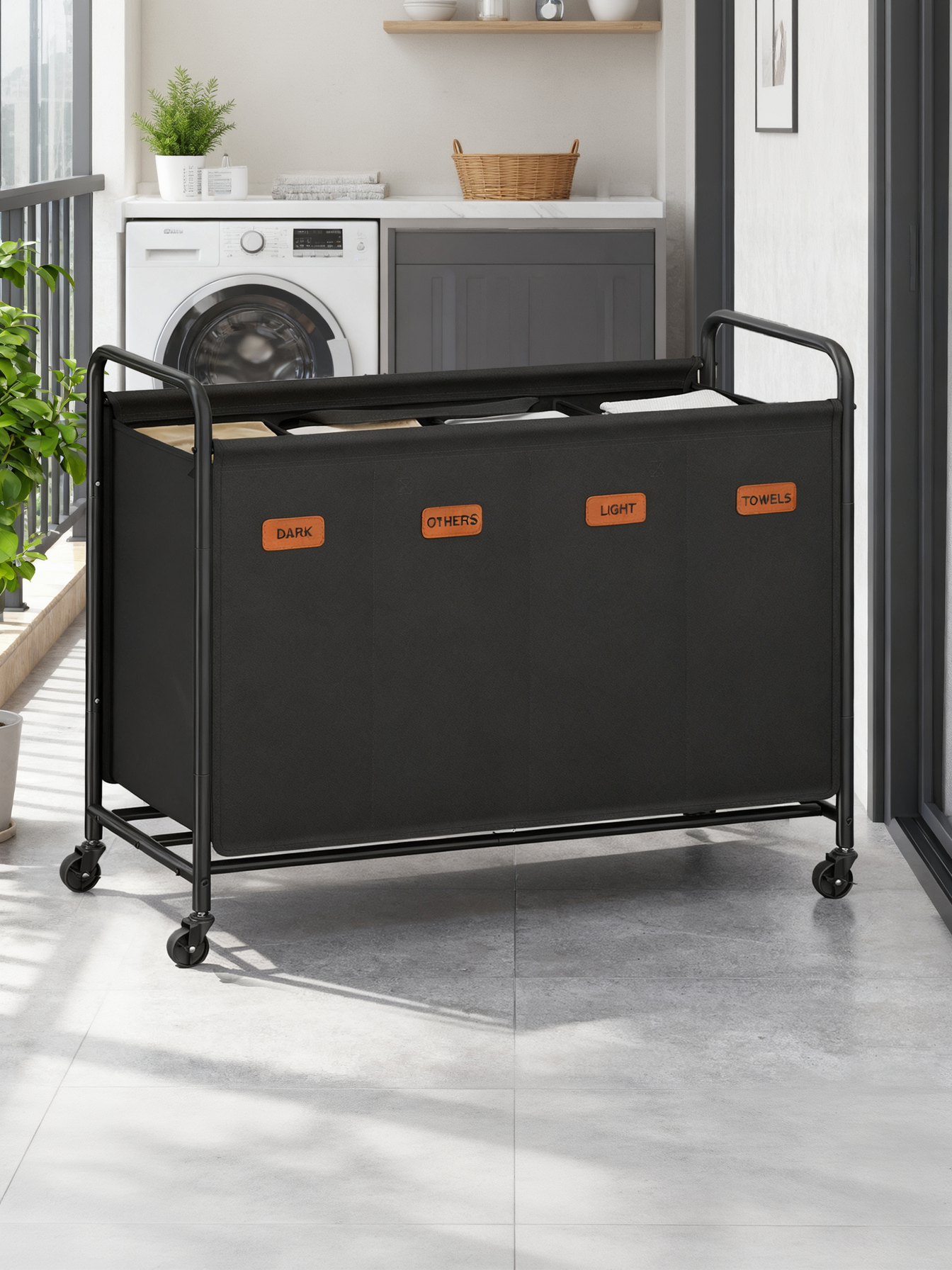 4-Section Laundry Sorter with Wheels, 52.8 Gallon Rolling Hamper with Removable Bags for Laundry Room and Bedroom, Ink Black