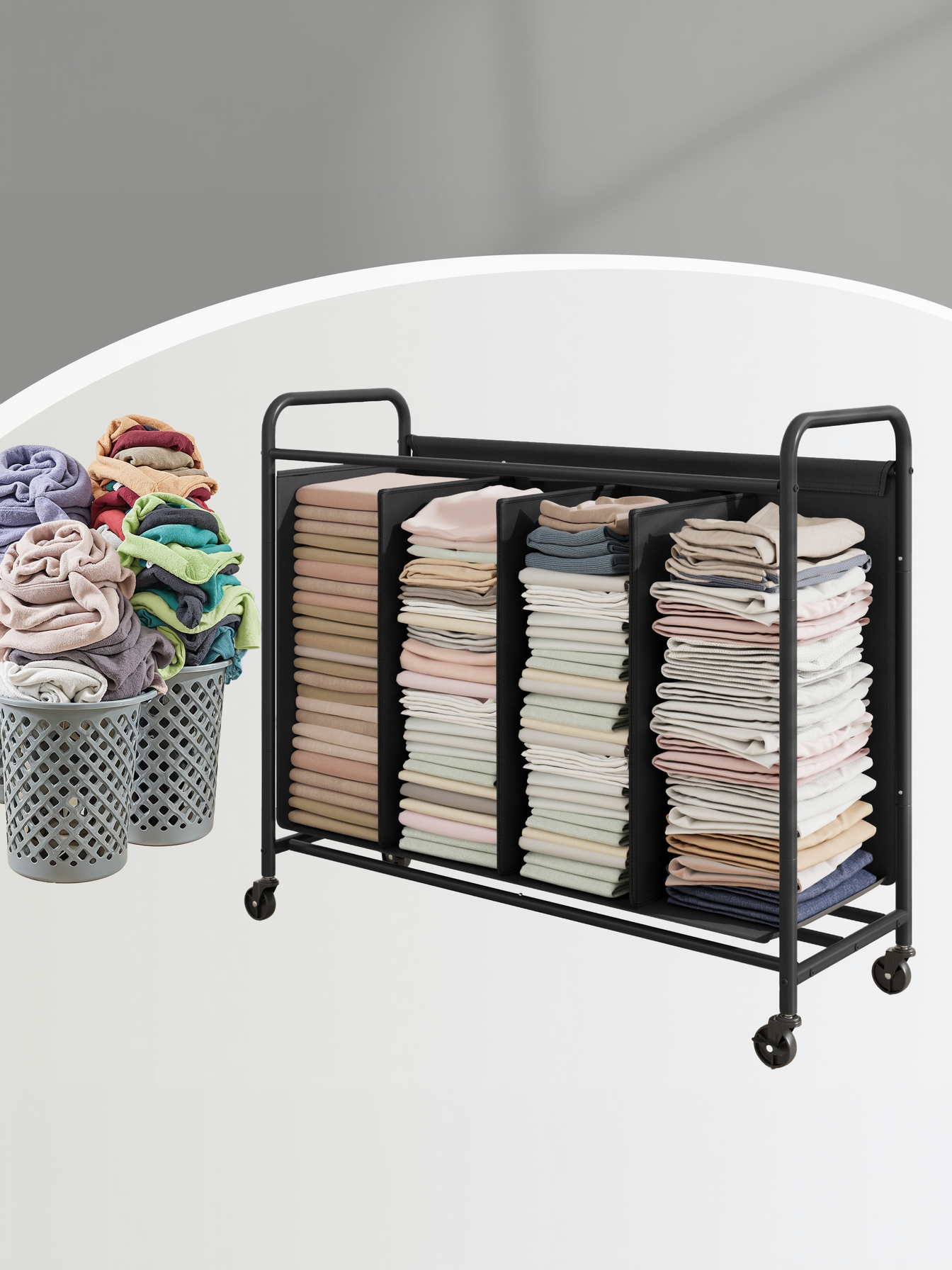 4-Section Laundry Sorter with Wheels, 52.8 Gallon Rolling Hamper with Removable Bags for Laundry Room and Bedroom, Ink Black