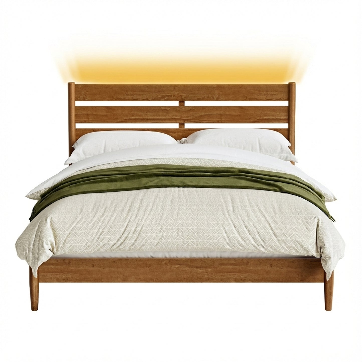 Queen Size Mid-Century Modern Platform Bed Frame with Headboard, Built-In LED Lights, 4-Port Charging Station, and Storage Shelf, Caramel Brown