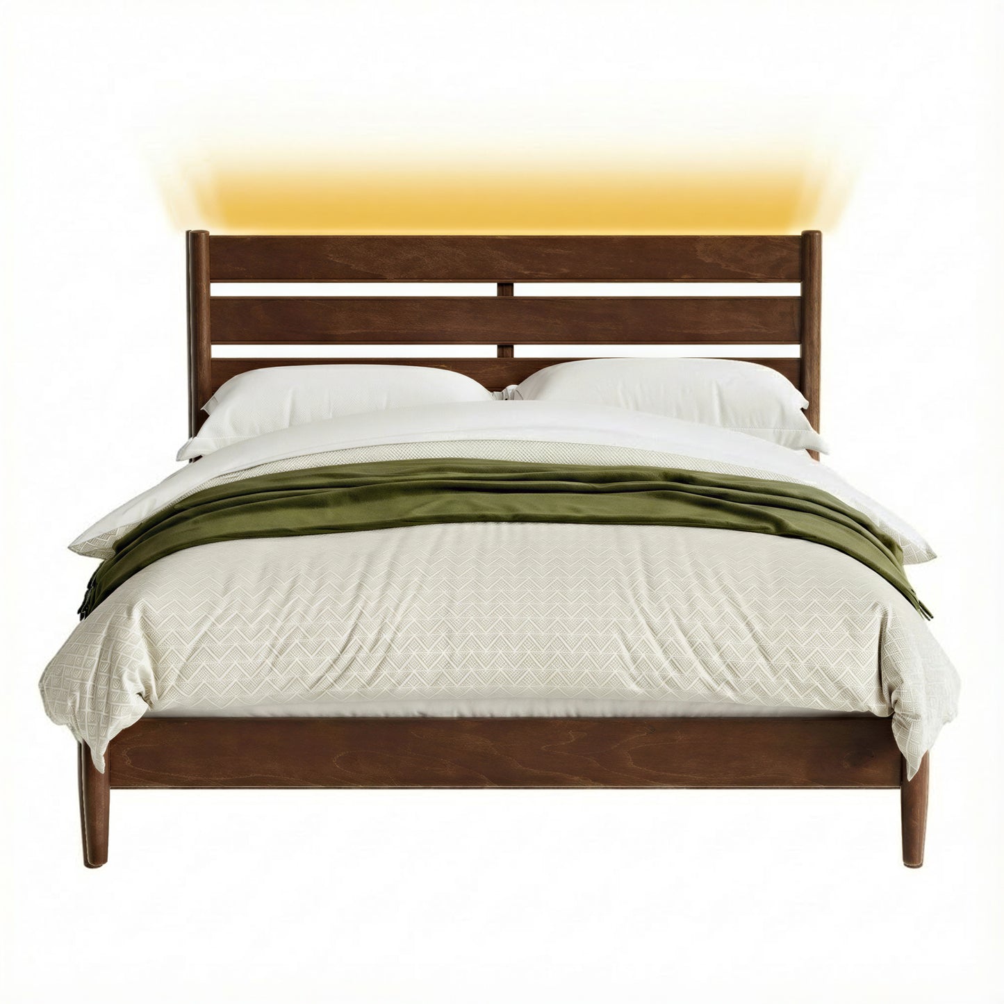 Queen Size Mid-Century Modern Platform Bed Frame with Headboard, Built-In LED Lights, 4-Port Charging Station, and Storage Shelf, Coffee Brown