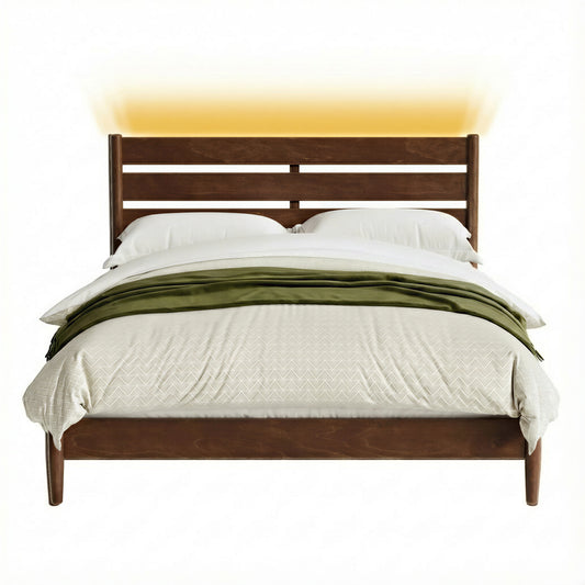 Queen Size Mid-Century Modern Platform Bed Frame with Headboard, Built-In LED Lights, 4-Port Charging Station, and Storage Shelf, Coffee Brown