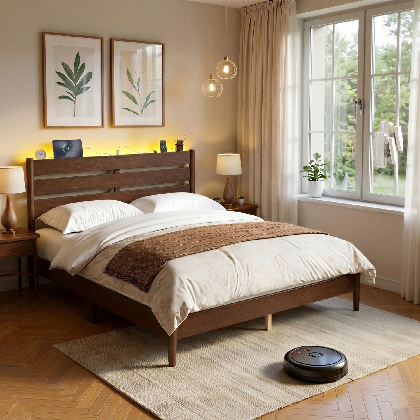 Queen Size Mid-Century Modern Platform Bed Frame with Headboard, Built-In LED Lights, 4-Port Charging Station, and Storage Shelf, Coffee Brown