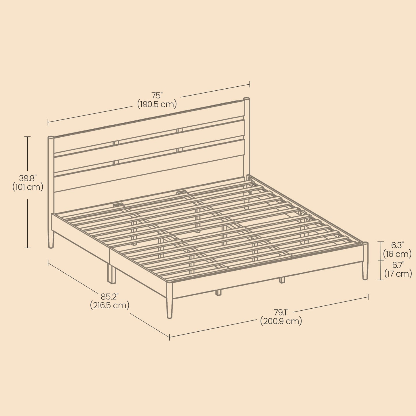 King Size Mid-Century Modern Bed Frame with Headboard, Built-In LED Lighting, 4-Port Charging Station & Storage Shelf, Coffee Brown