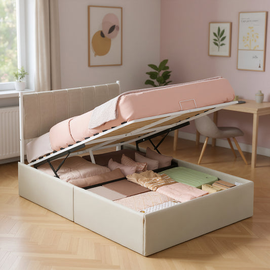 Queen Size Hydraulic Lift-Up Storage Bed Frame with Upholstered Headboard, 12.5-Inch Underbed Space & Easy Assembly, Cappuccino Beige