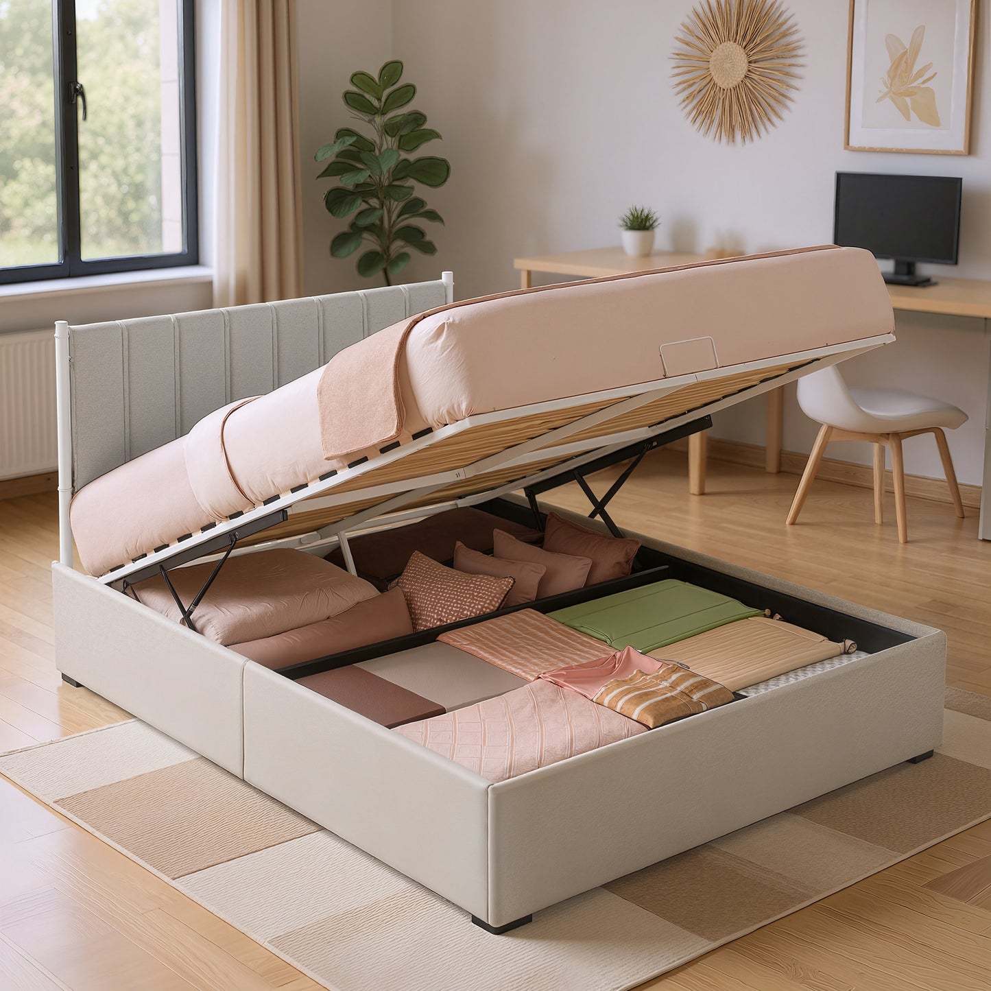 Full Size Hydraulic Lift-Up Storage Bed Frame with Upholstered Headboard, 12.5-Inch Underbed Space & Easy Assembly, Cappuccino Beige