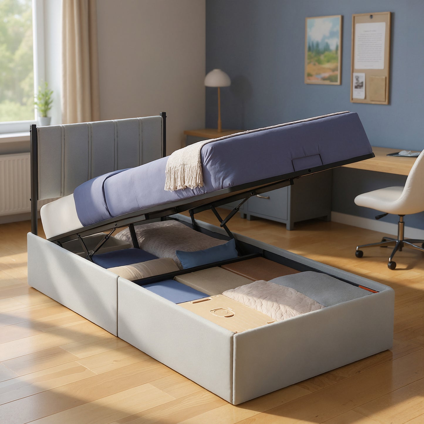 Twin Size Hydraulic Lift-Up Storage Bed Frame with Upholstered Headboard, 12.5-Inch Underbed Space, Supports 550 lbs, Dove Gray