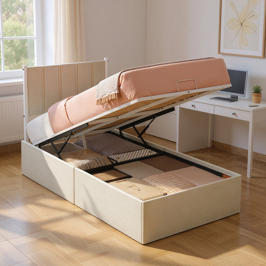 Twin Size Hydraulic Lift-Up Storage Bed Frame with Upholstered Headboard, 12.5-Inch Underbed Space, Supports 550 lbs, Cappuccino Beige