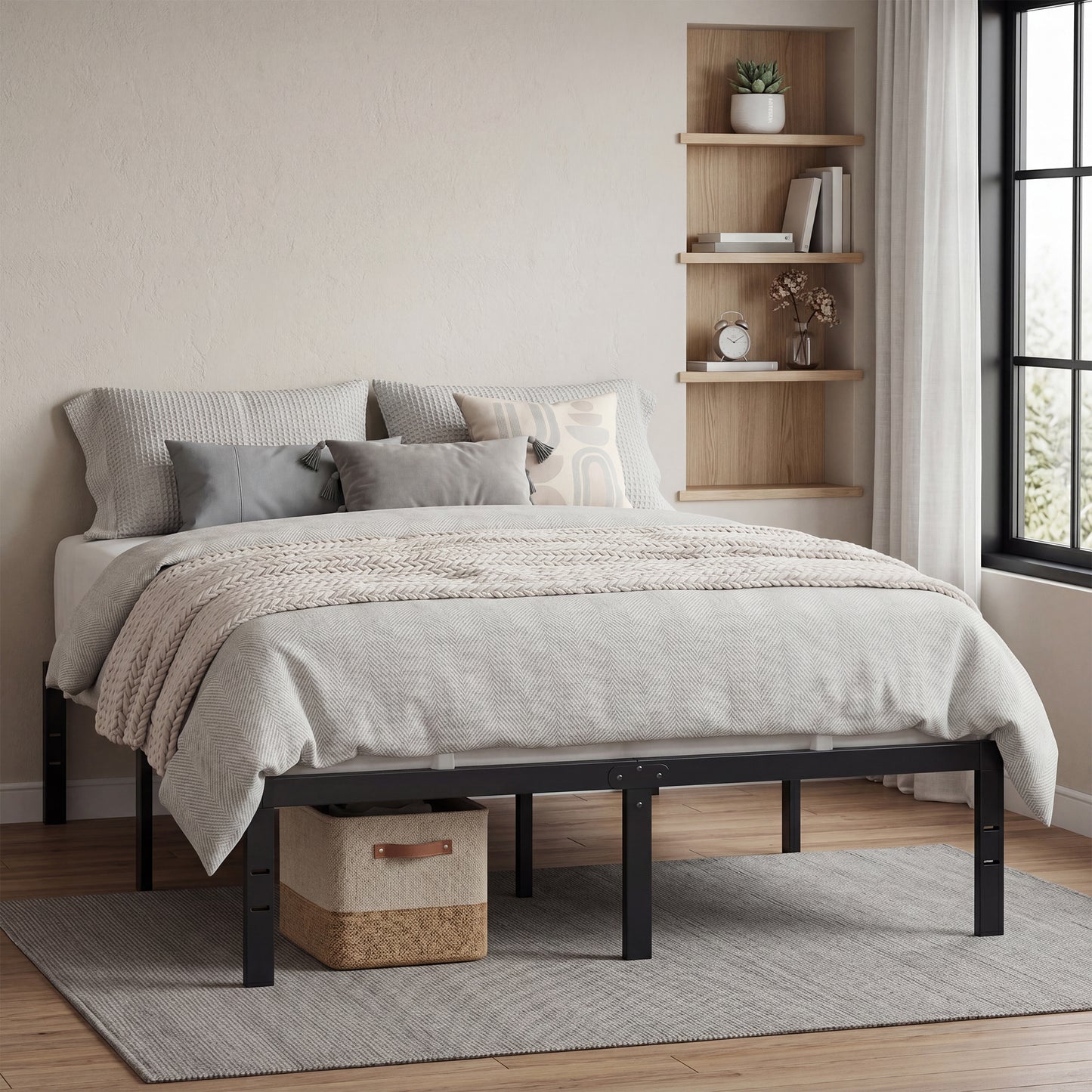 Heavy Duty Full Bed Frame, 14" Tall Platform Bed, 1100 lb Capacity, No Box Spring Needed, Under-Bed Storage, Easy Assembly, Mattress Retainers, Matte Black