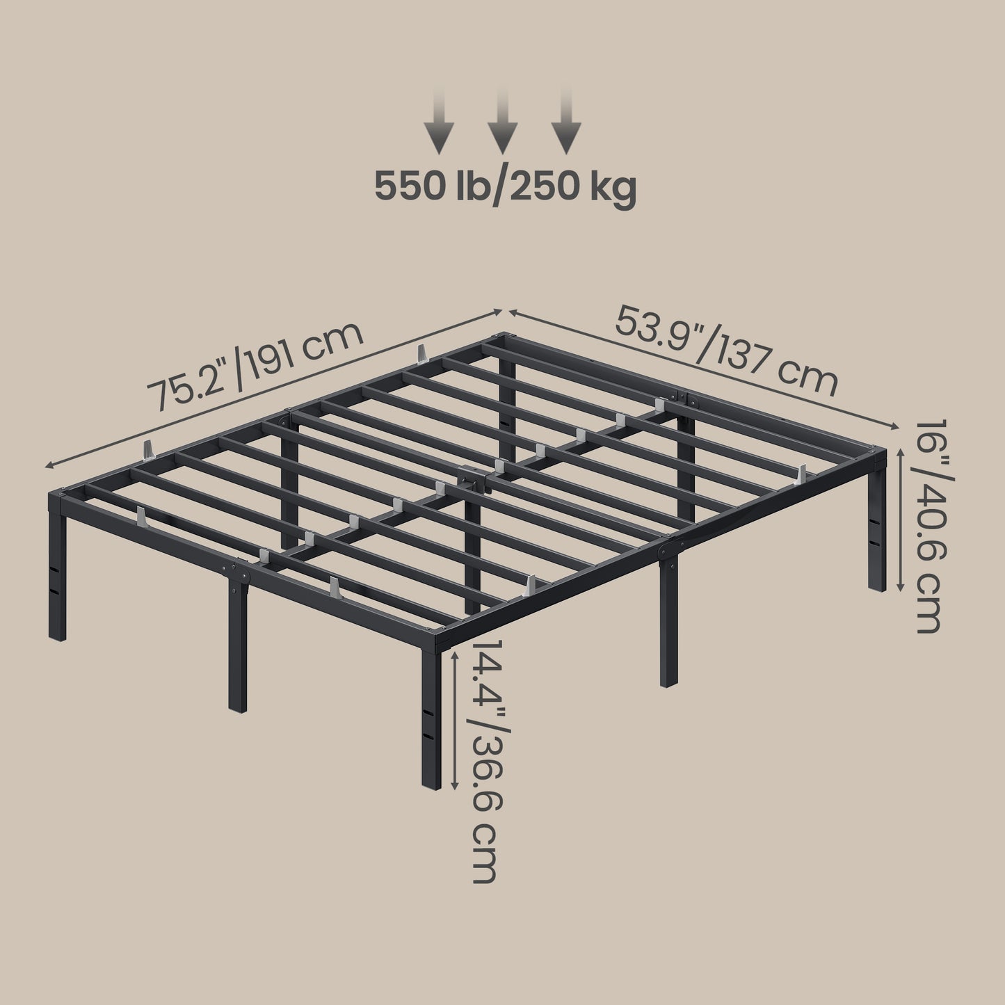Heavy Duty Full Bed Frame, 16" Tall Platform Bed, 1100 lb Capacity, No Box Spring Needed, Under-Bed Storage, Easy Assembly, Mattress Retainers, Matte Black
