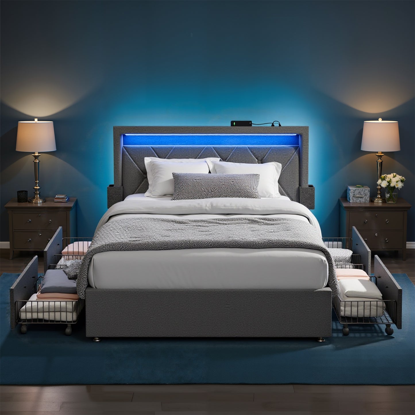 Twin LED Bed Frame with Storage Drawers, Adjustable Headboard with USB-C Port & RGB Lighting, 500lb Capacity No Box Spring Needed, Dark Gray