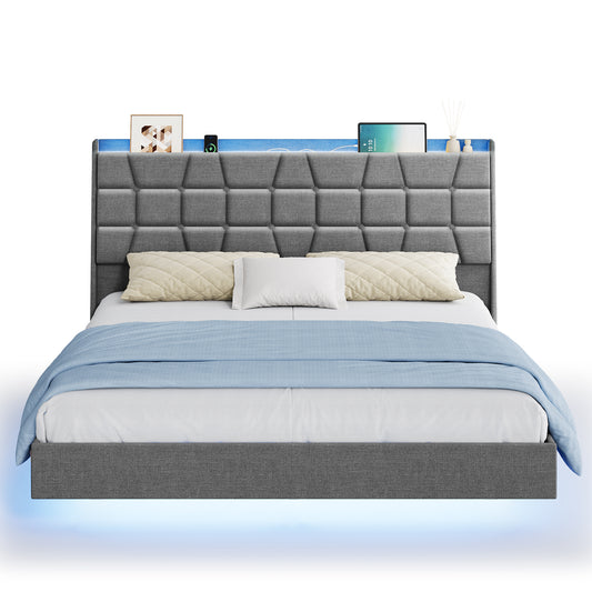 Queen Floating Bed Frame with LED Lights, Upholstered Tufted Storage Headboard, Charging Station, Noise-Free, No Box Spring, Light Gray