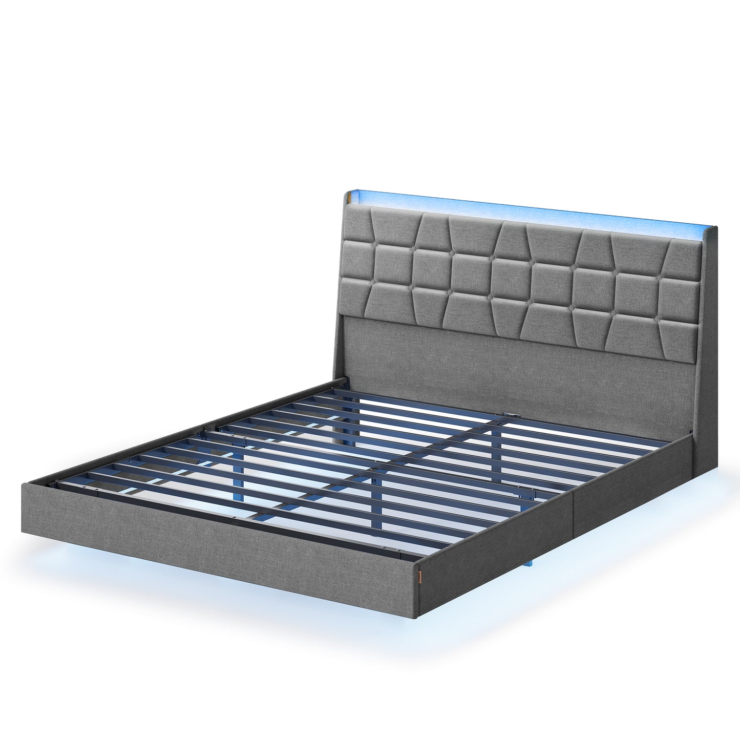 Queen Floating Bed Frame with LED Lights, Upholstered Tufted Storage Headboard, Charging Station, Noise-Free, No Box Spring, Light Gray