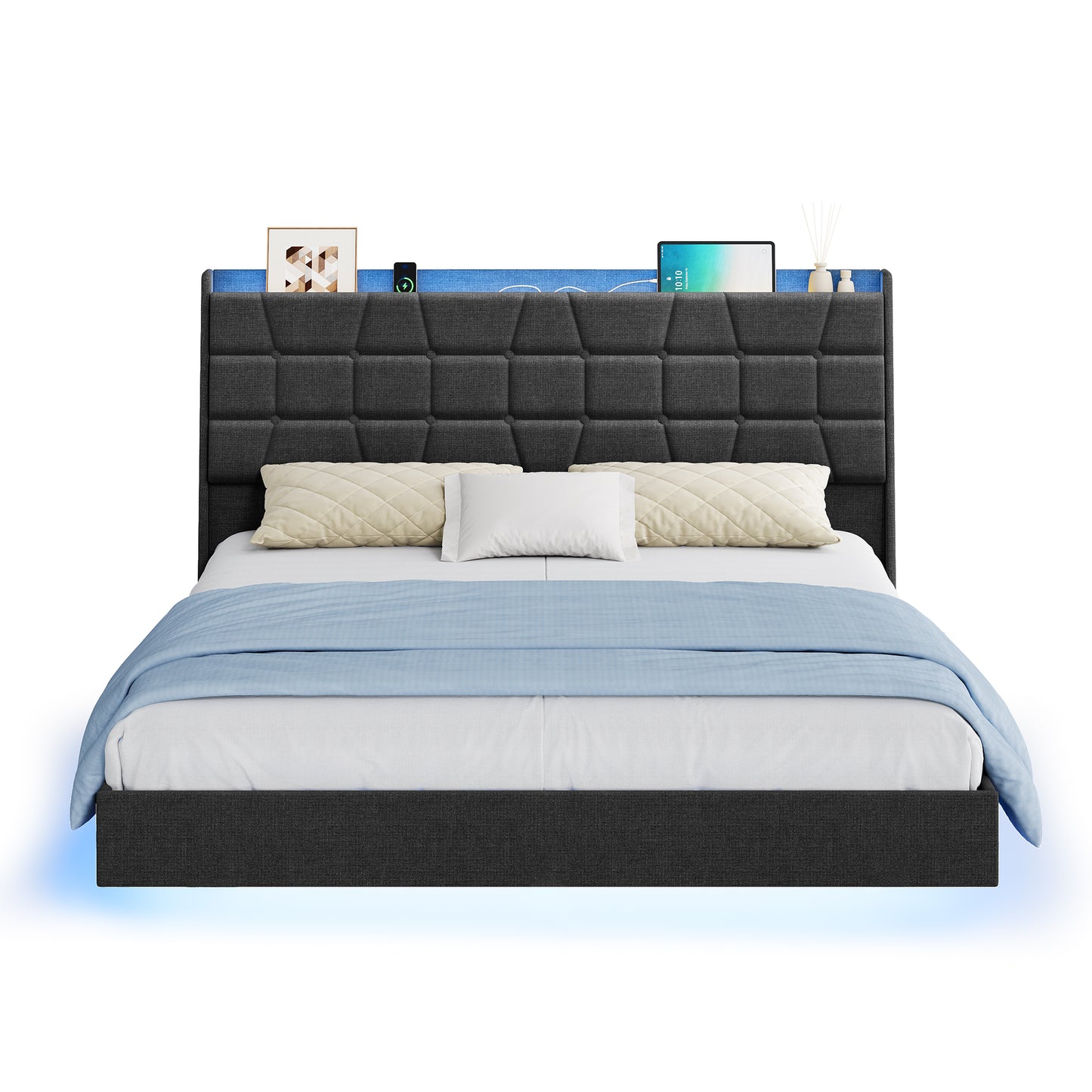 Queen Floating Bed Frame with LED Lights, Tufted Storage Headboard, Built-In Charging Station, Noise-Free Platform, Dark Gray