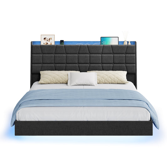 Queen Floating Bed Frame with LED Lights, Tufted Storage Headboard, Built-In Charging Station, Noise-Free Platform, Dark Gray