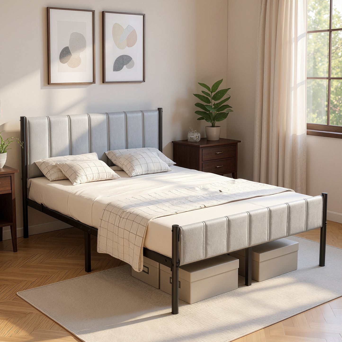 Full Size Metal Bed Frame with Upholstered Headboard and Footboard, 12.2-Inch Underbed Clearance, 1100 lb Capacity, Easy Assembly, Dove Gray