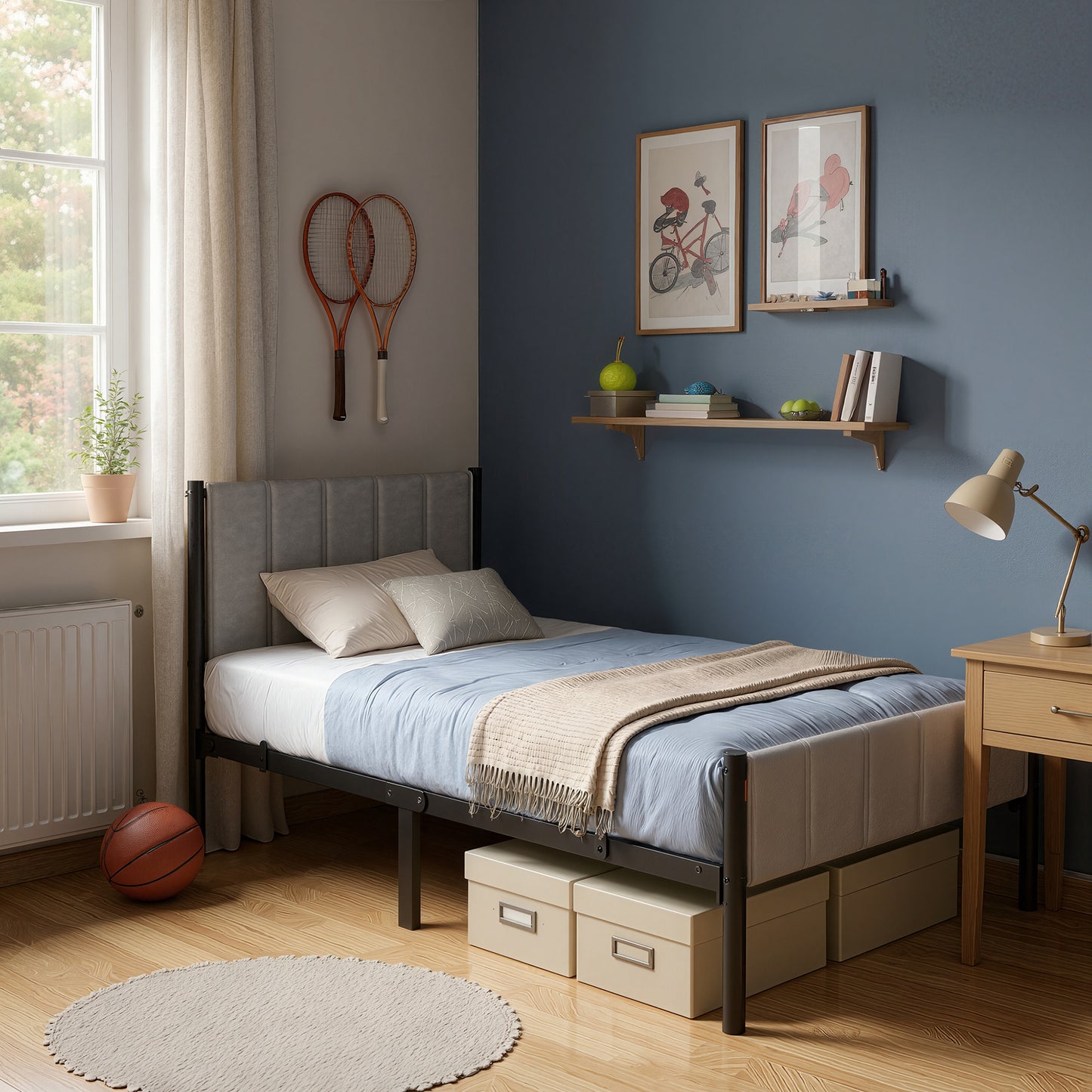 Twin Size Metal Bed Frame with Upholstered Headboard and Footboard, 12.4-Inch Underbed Clearance, 550 lb Capacity, Easy Assembly, Dove Gray