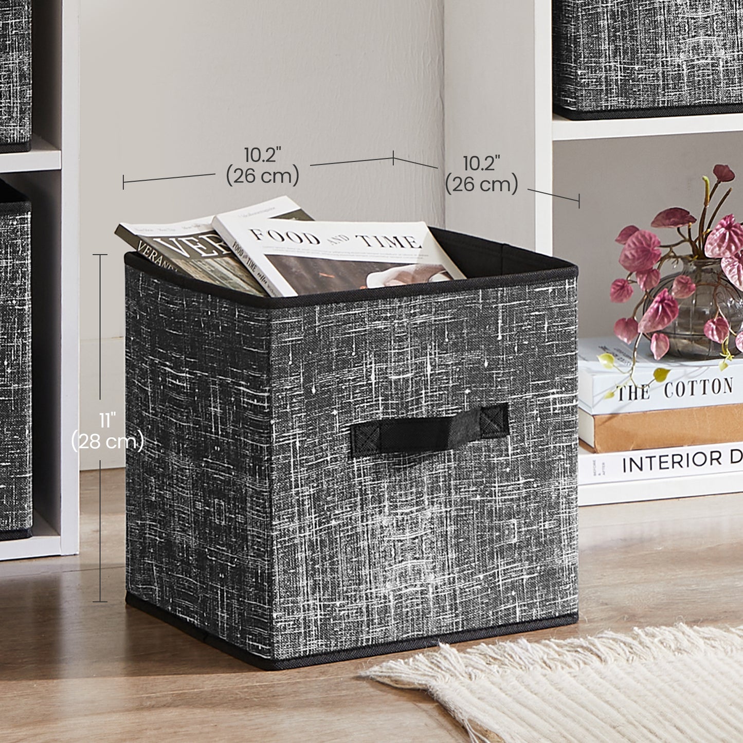 Storage Cubes Organizer - 6-Pack Foldable Fabric Bins with Double Handles, 11-Inch Cube Shelves Organizer for Clothes, Toys, Classic Black