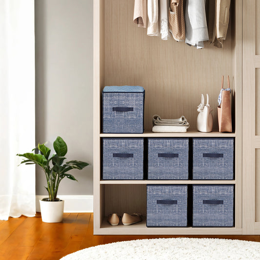 Storage Cubes Organizer - 6-Pack Foldable Fabric Bins with Double Handles, 11-Inch Shelves Organizer for Clothes, Toys, Misty Blue