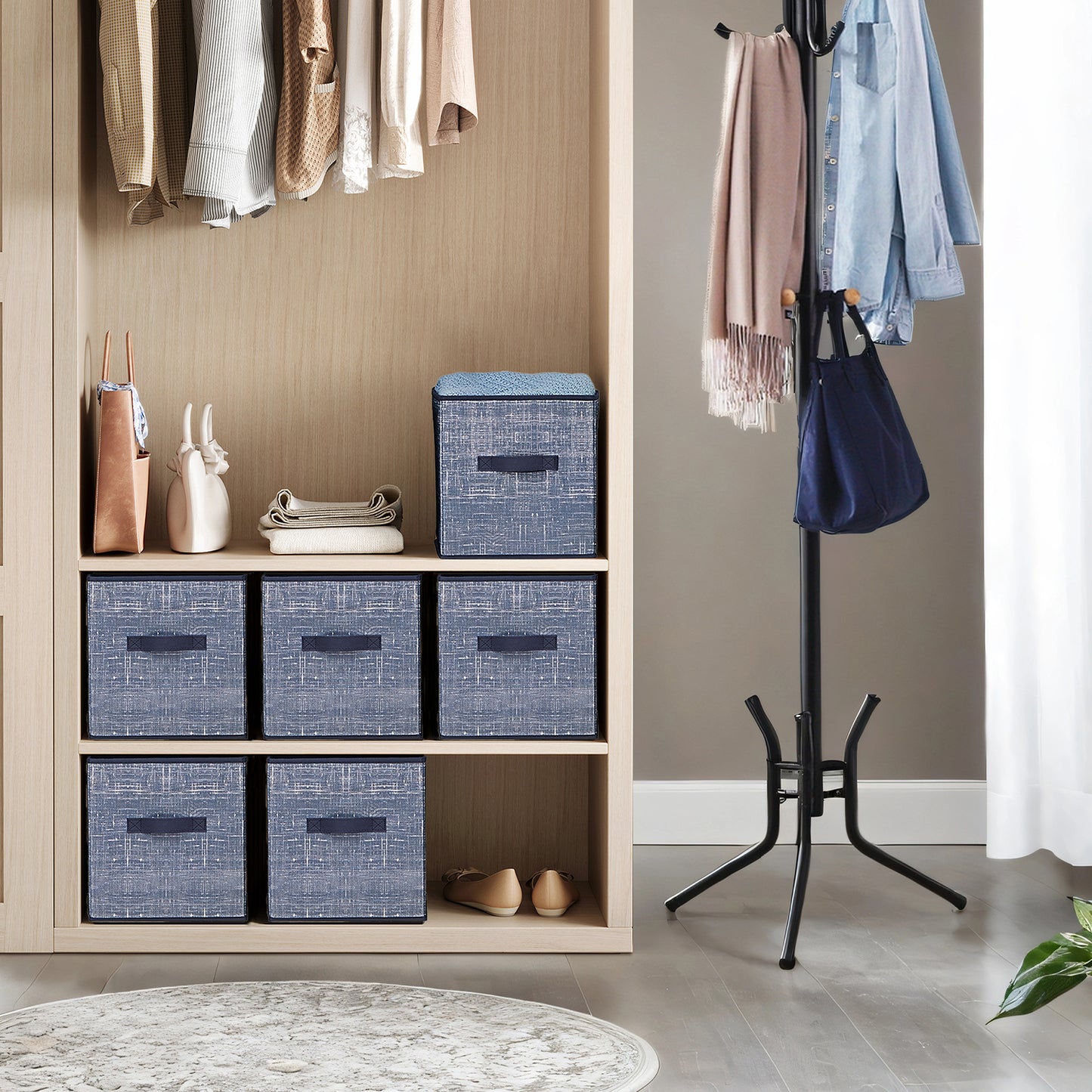 Storage Cubes Organizer - 6-Pack Foldable Fabric Bins with Double Handles, 11-Inch Shelves Organizer for Clothes, Toys, Misty Blue