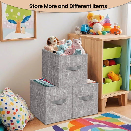 Storage Cubes Organizer - 6-Pack Foldable Fabric Bins with Double Handles, 11" Shelving System for Clothes, Toys, Taupe