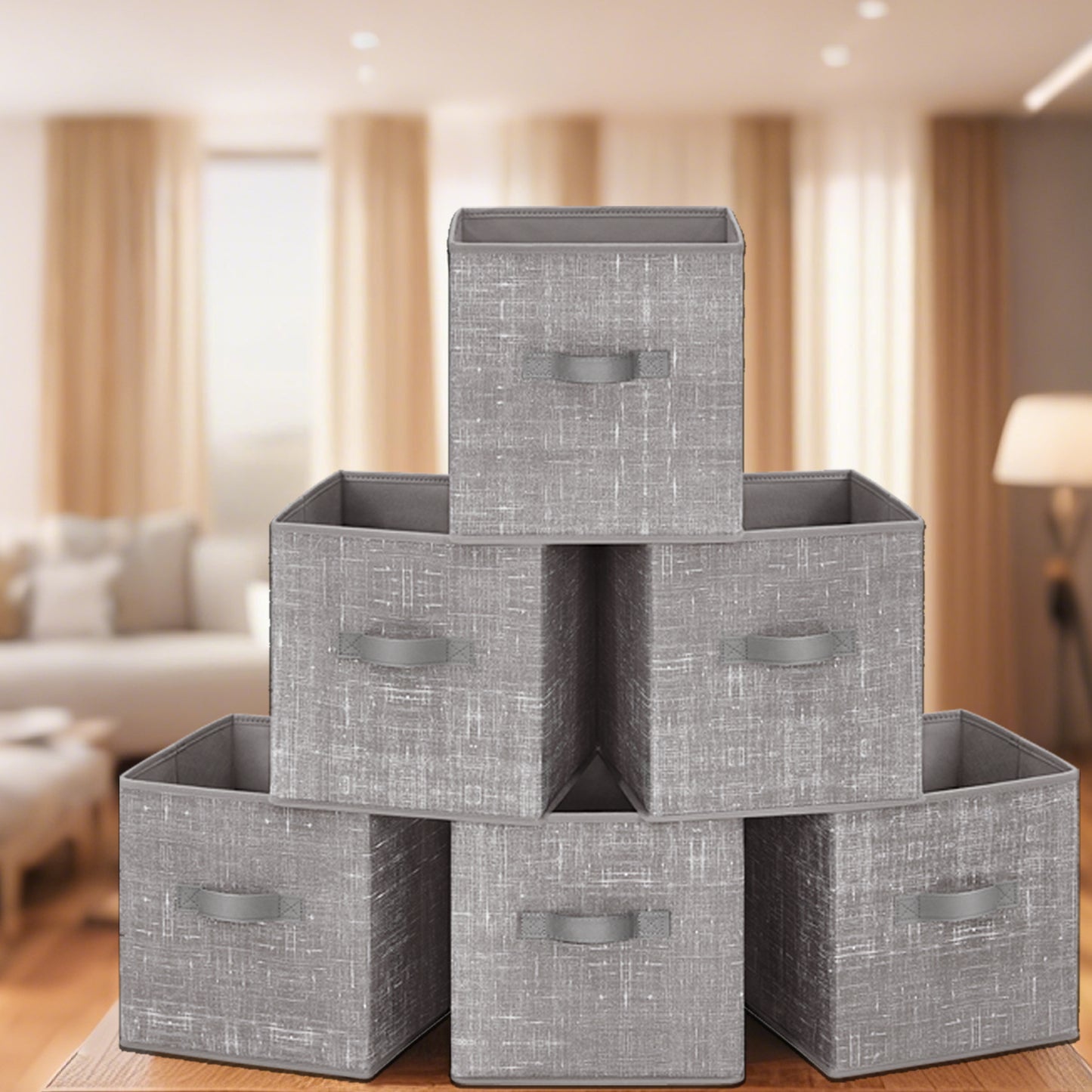 Storage Cubes Organizer - 6-Pack Foldable Fabric Bins with Double Handles, 11" Shelving System for Clothes, Toys, Taupe