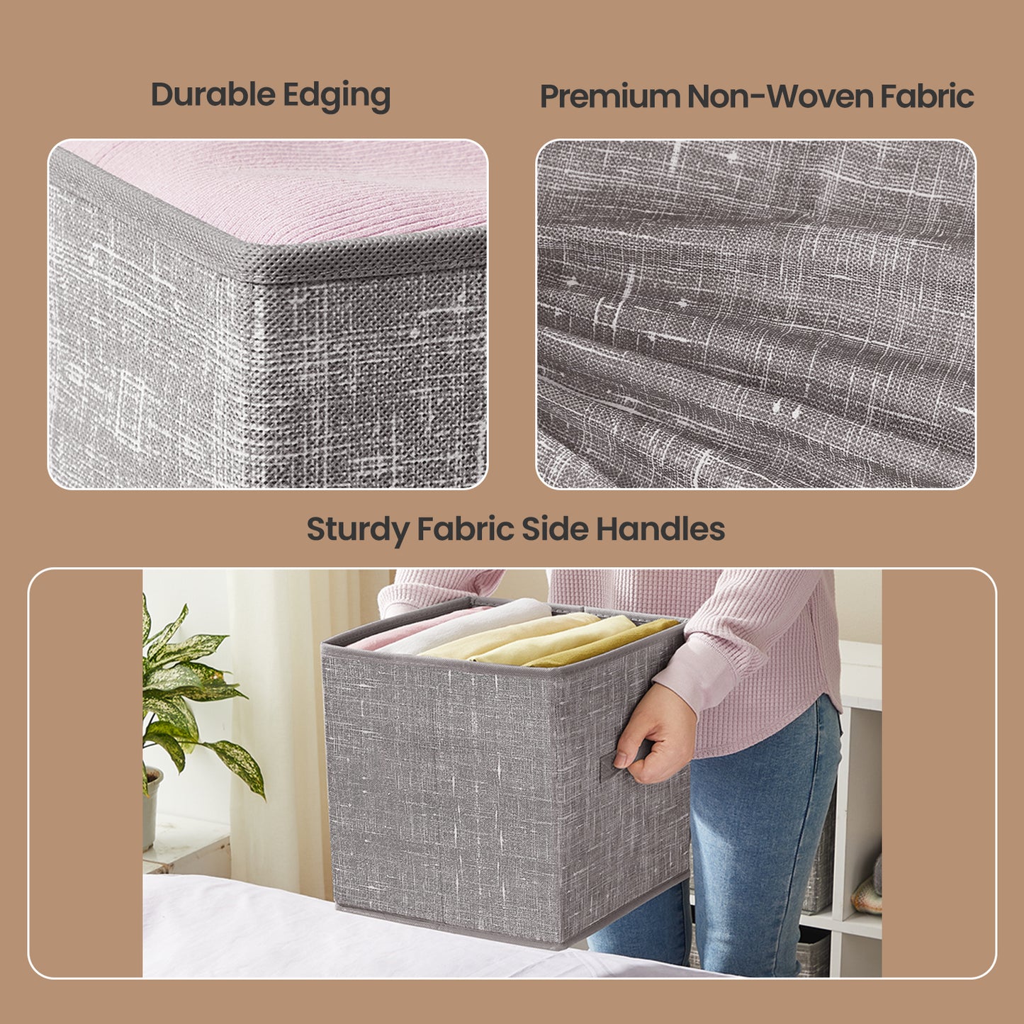 Storage Cubes Organizer - 6-Pack Foldable Fabric Bins with Double Handles, 11" Shelving System for Clothes, Toys, Taupe