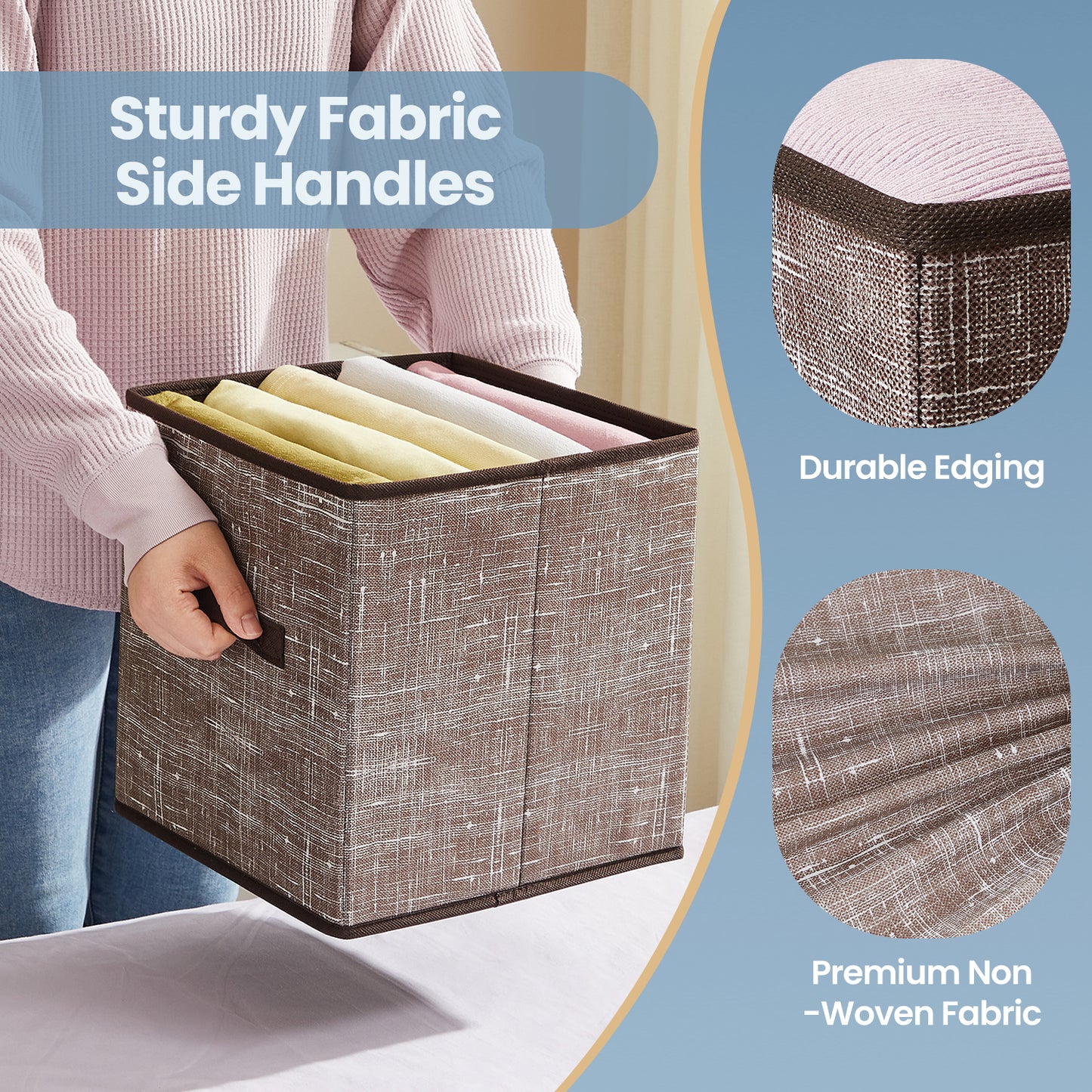 Storage Cube Organizers - 6-Pack Foldable Fabric Bins with Handles, 11" Shelving System for Clothes, Toys, Walnut