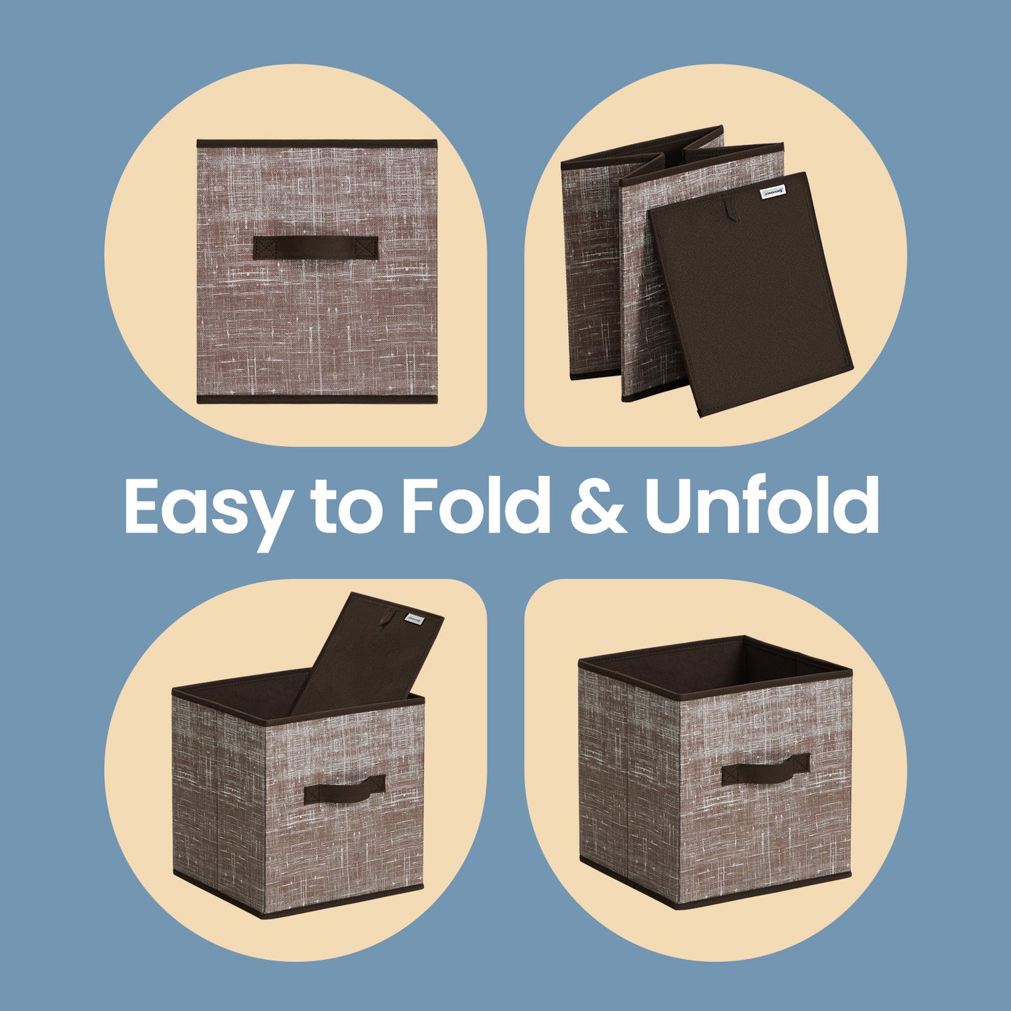 Storage Cube Organizers - 6-Pack Foldable Fabric Bins with Handles, 11" Shelving System for Clothes, Toys, Walnut