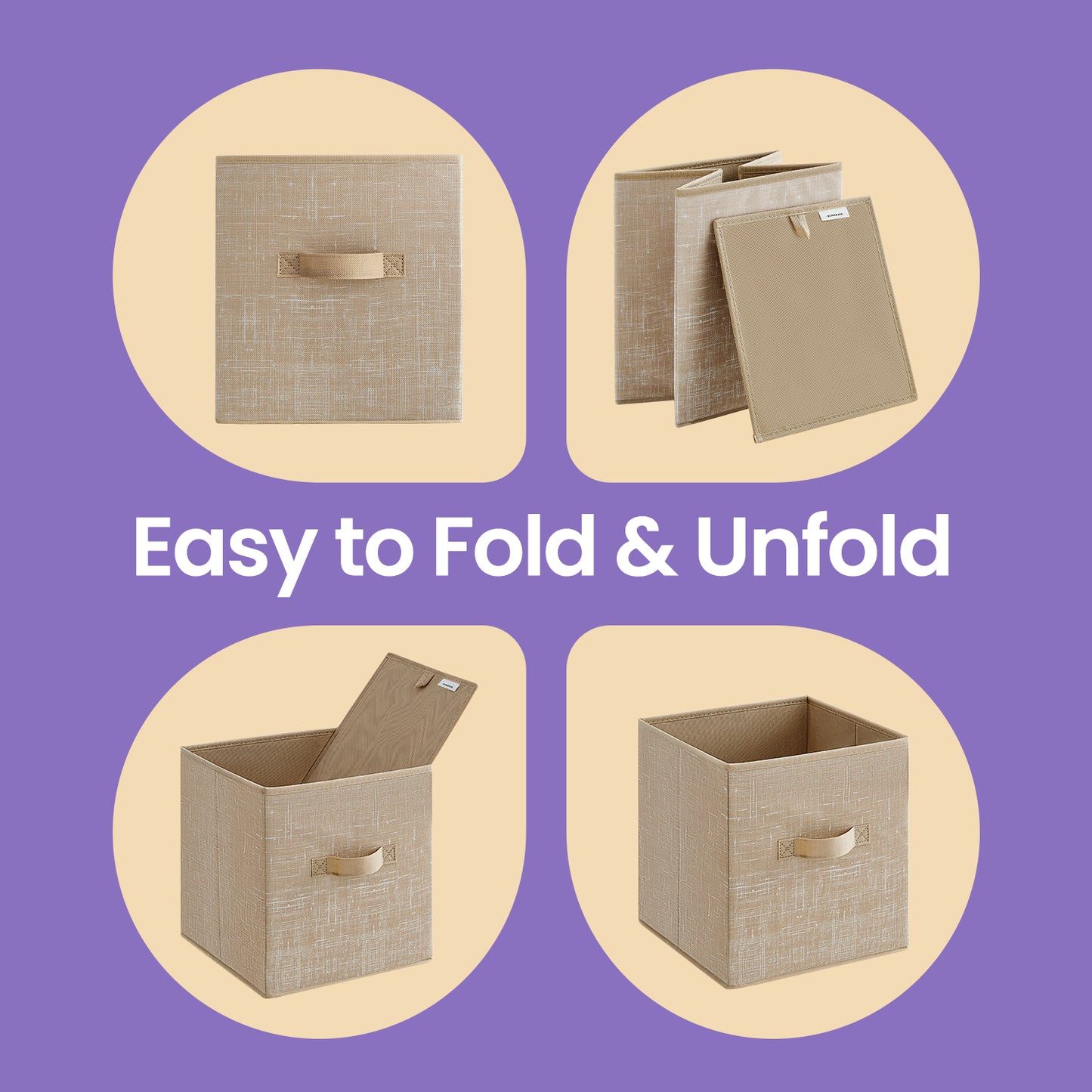 Storage Cube Organizers - 6-Pack Foldable Fabric Bins with Handles, 11" Shelving System for Clothes, Toys, Sand Beige