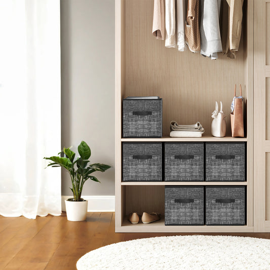 Storage Cube Organizer - 6-Pack Foldable Fabric Bins with Handles, 12" Shelving System for Clothes, Toys, Classic Black