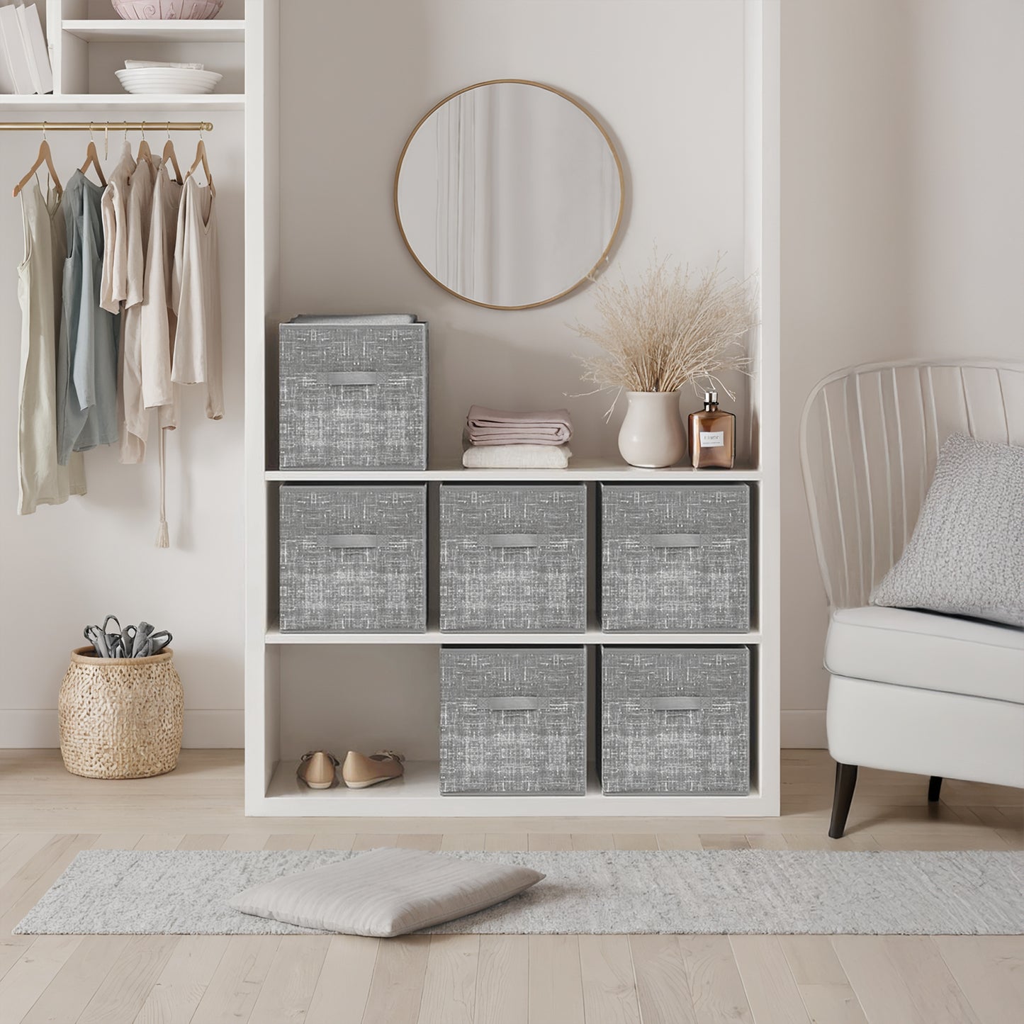 Storage Cube Organizer - 6-Pack Foldable Fabric Bins with Handles, 12" Shelving System for Clothes, Toys, Cattail Gray