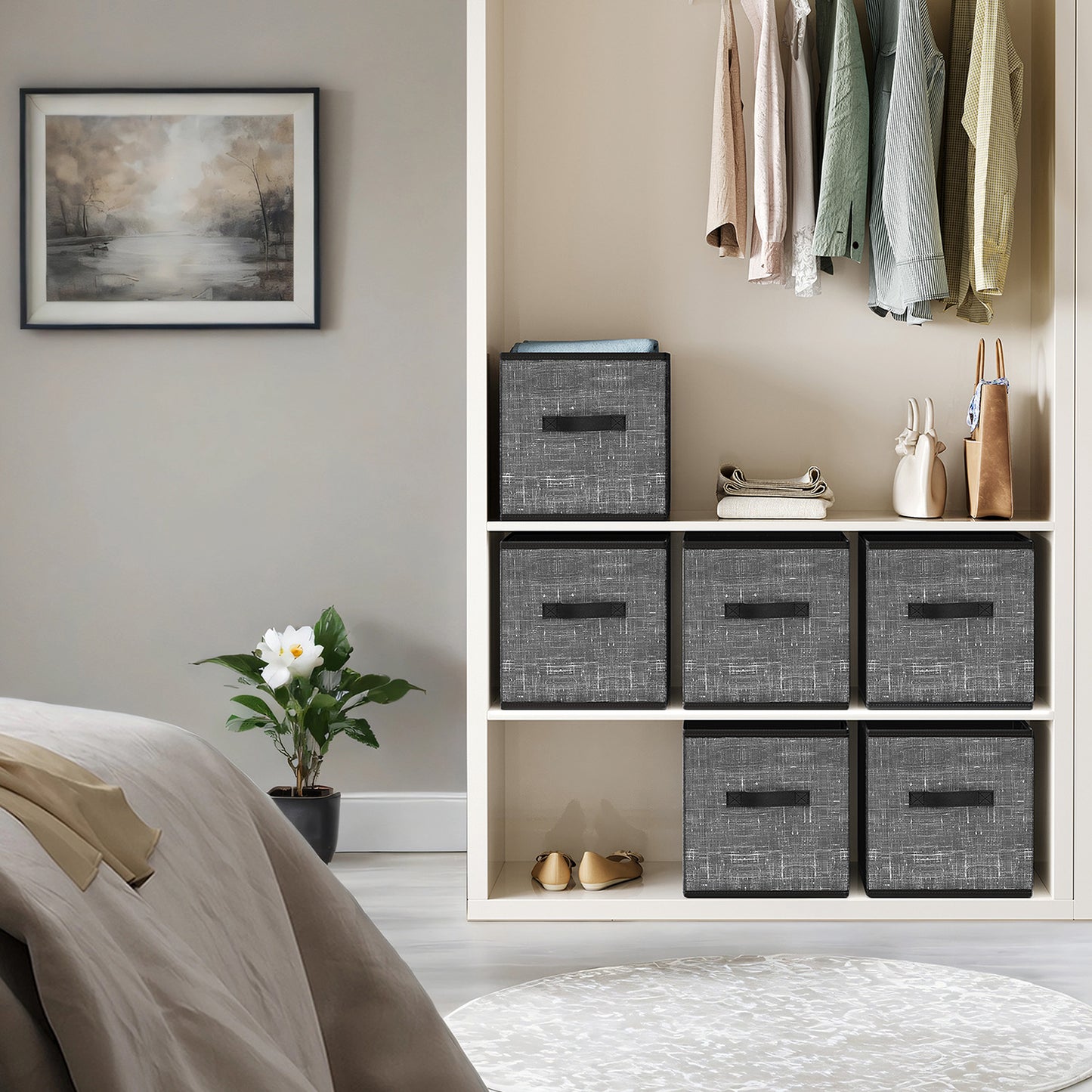 Storage Cube Organizer - 6-Pack Foldable Fabric Bins with Handles, 13" Shelving System for Clothes, Toys, IKEA Compatible, Classic Black
