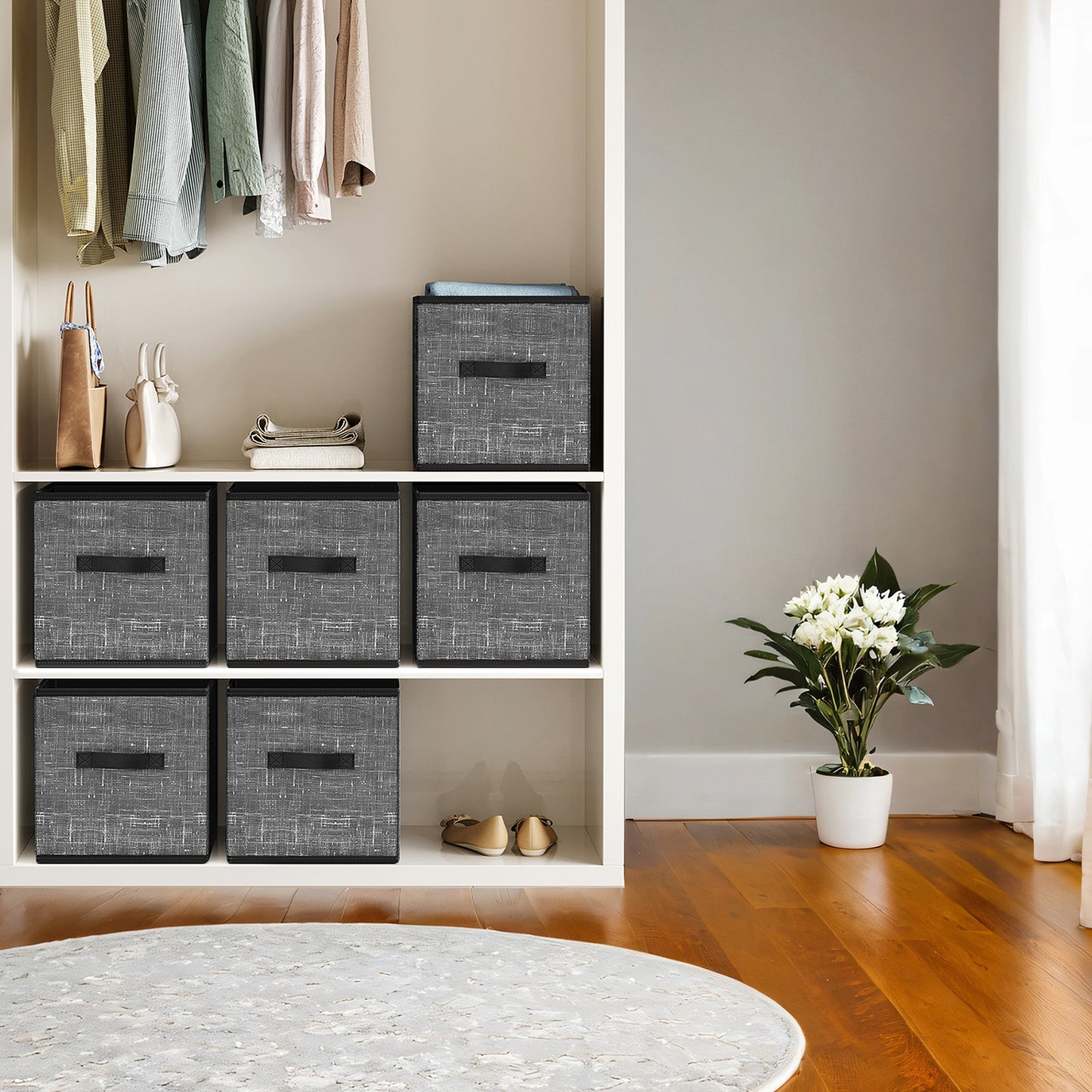 Storage Cube Organizer - 6-Pack Foldable Fabric Bins with Handles, 13" Shelving System for Clothes, Toys, IKEA Compatible, Classic Black