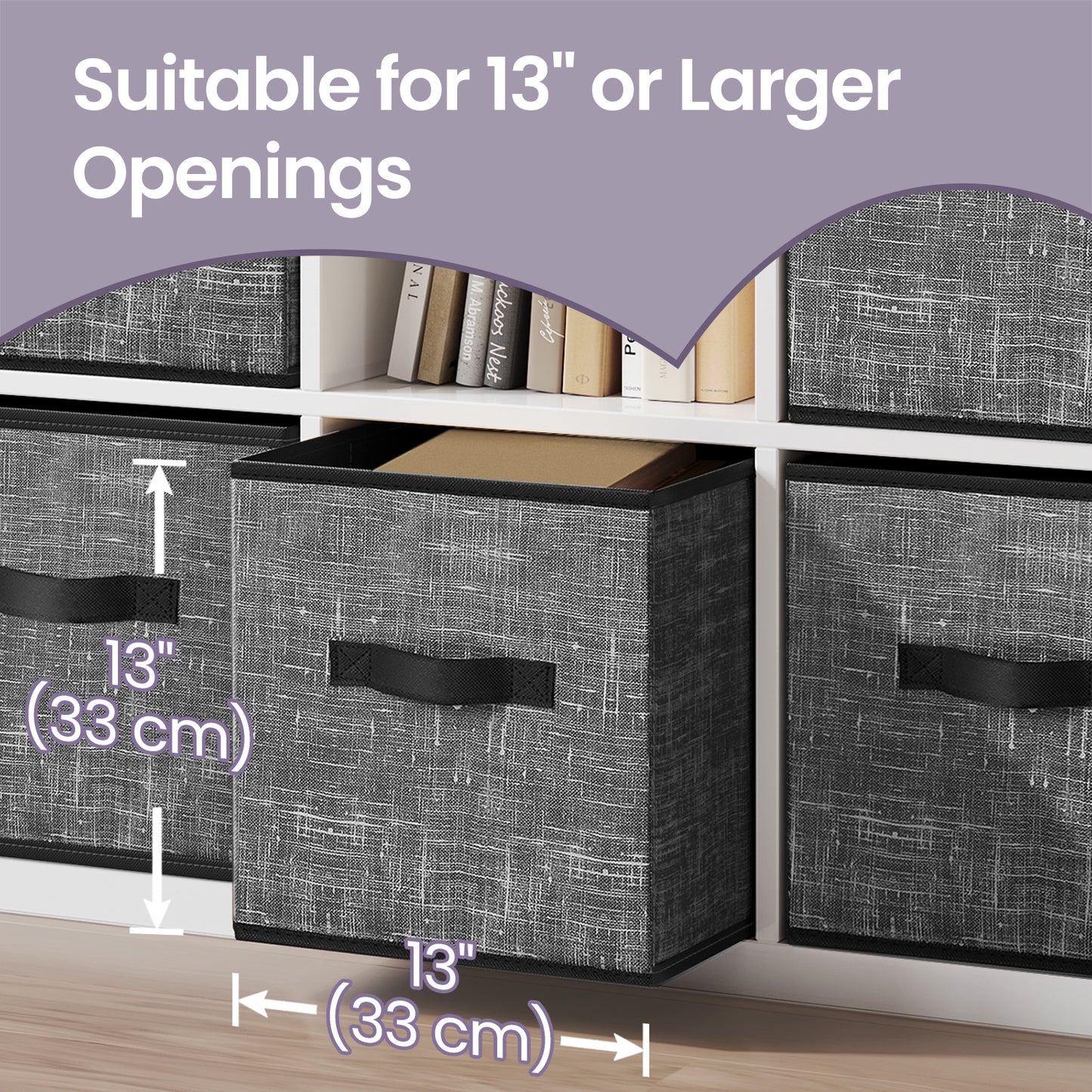 Storage Cube Organizer - 6-Pack Foldable Fabric Bins with Handles, 13" Shelving System for Clothes, Toys, IKEA Compatible, Classic Black