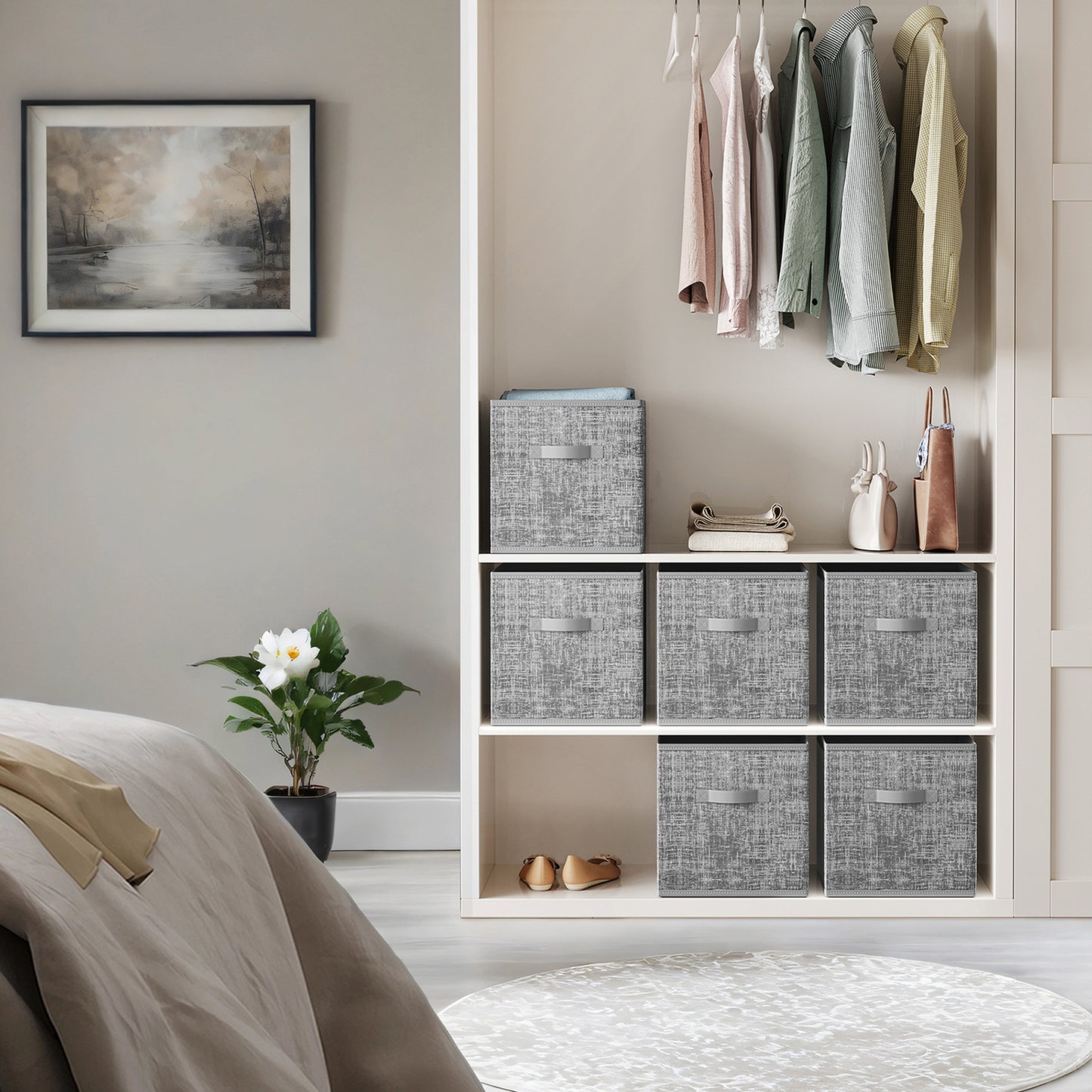 Storage Cube Organizer - 6-Pack Foldable Fabric Bins with Handles, 13" IKEA Compatible Shelving System, Cattail Gray